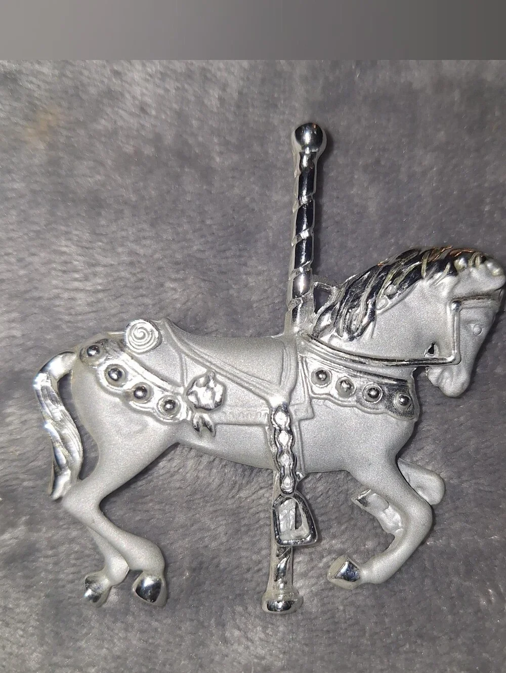 Vintage Carousel Horse Brooch~Matte Silver Tone~Ornate Saddle~Pony~Hobbyhorse